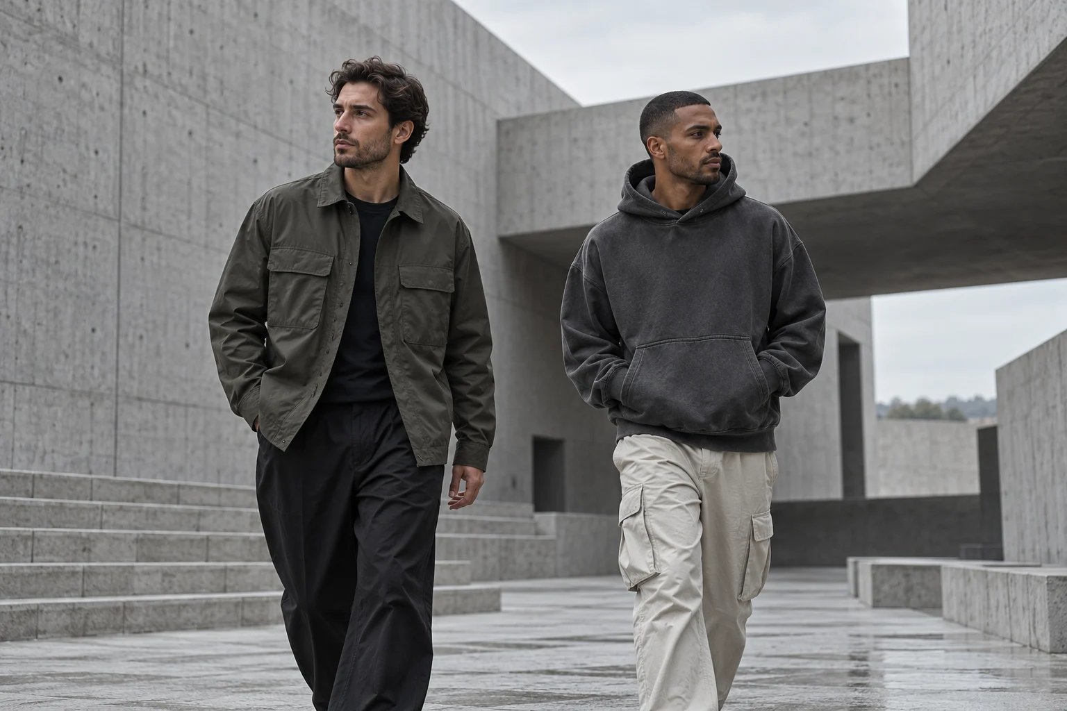Menswear editorial image with fictional models in urban streetwear