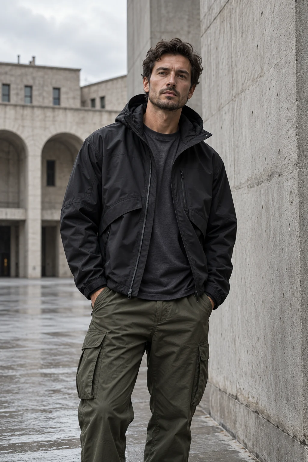 Menswear editorial image with a fictional model in a technical jacket