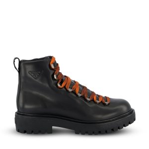 Prada Men’s Black Leather Ankle Boots with Lug Soles — Black