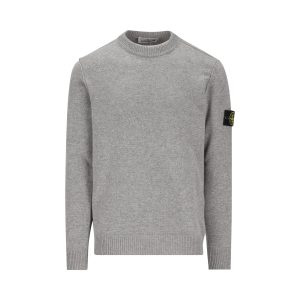 Stone Island Lambswool Crewneck Sweater with Reverse-Stitch Details — Grey